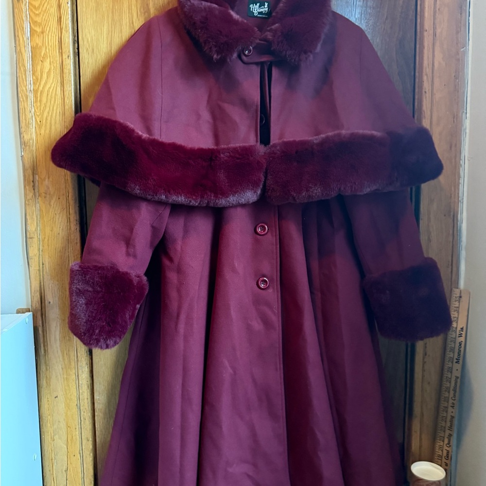 Hell Bunny Dark Magenta Burgundy Coat Size US16/UK20 with caplet and faux fur